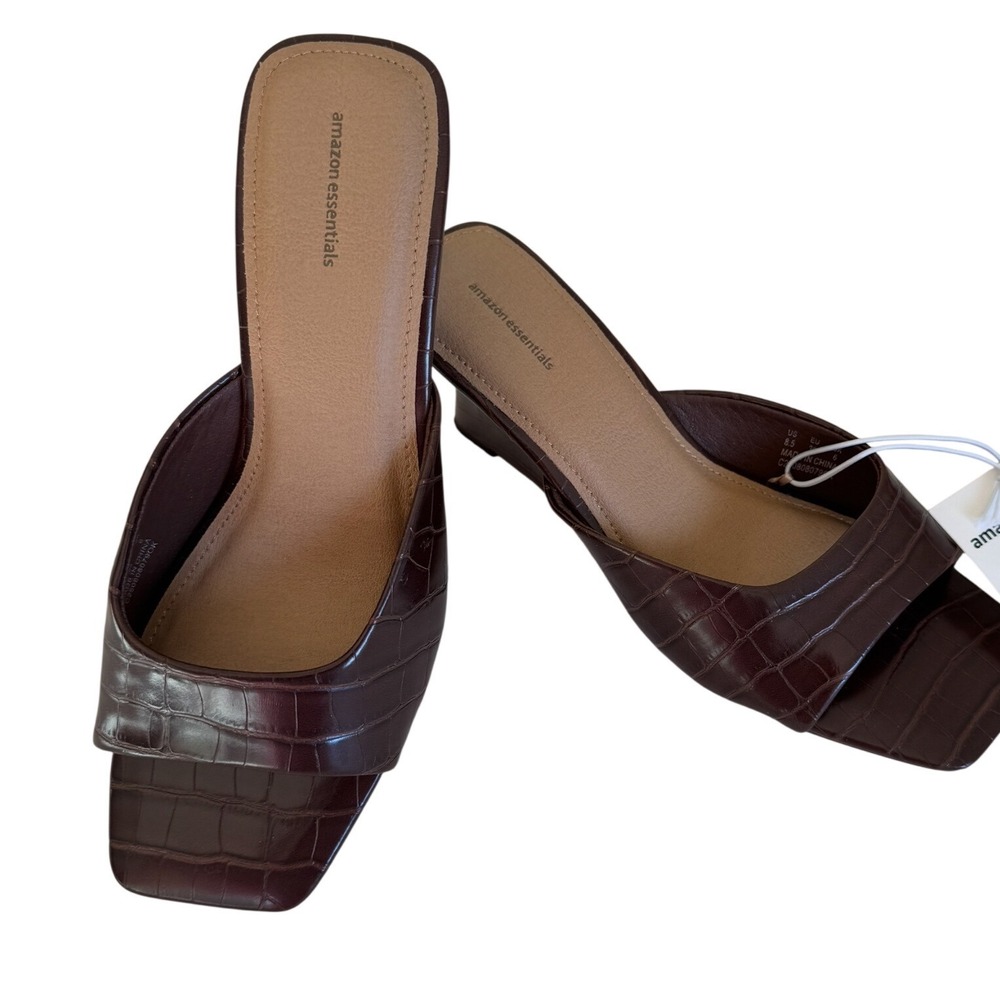 Amazon Essentials Croc Embossed Mule Sandals 8.5 Brown Square Toe Block Heel NWT